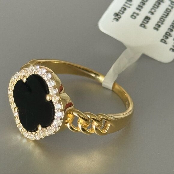 YS India 14k Gold Plated Sterling Siver 925 W CZ & Genuine Onyx Clover Ring Sz.8 - Picture 5 of 16